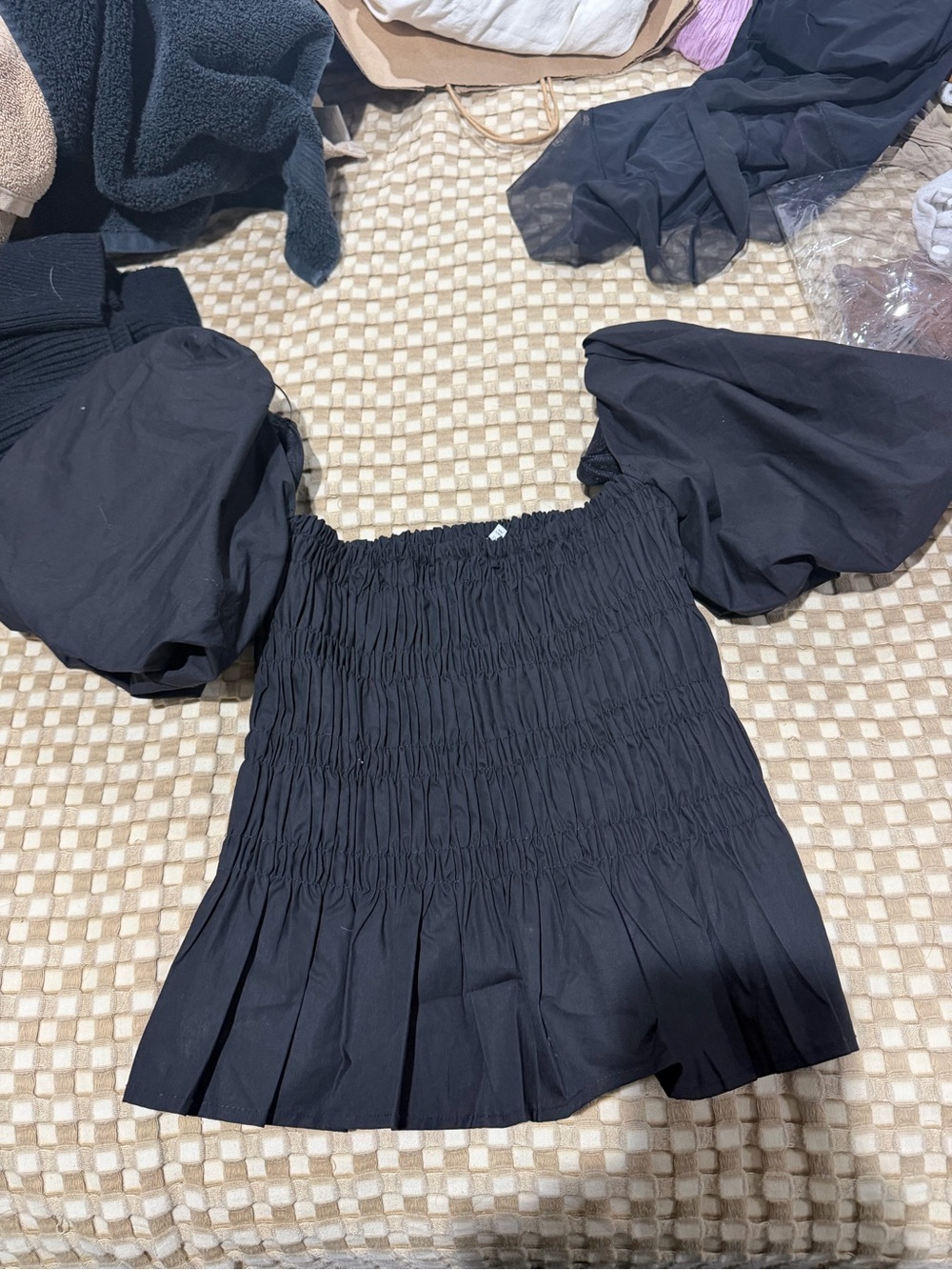 ASTR The Label Black Smocked Shirt puff sleeve